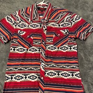 Vibrant Red and Blue Patterned Men's Shirt